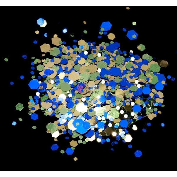 Paiete hexagonale Amelie pentru decor unghii APH30 Blue-Gold-Turcoaz 1-3mm